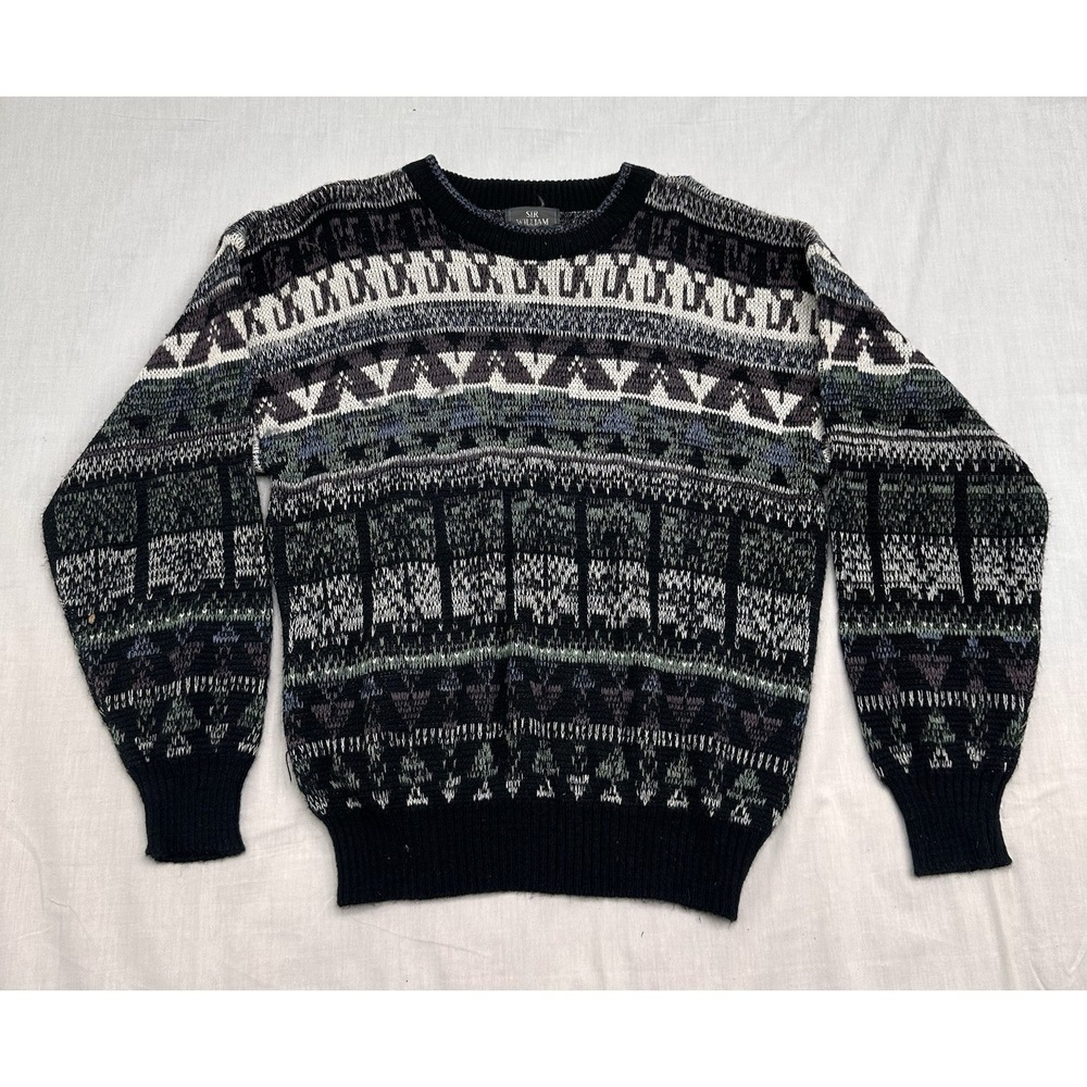 Vintage 80s Sweater Men's M Geometric Purple Black Sir William